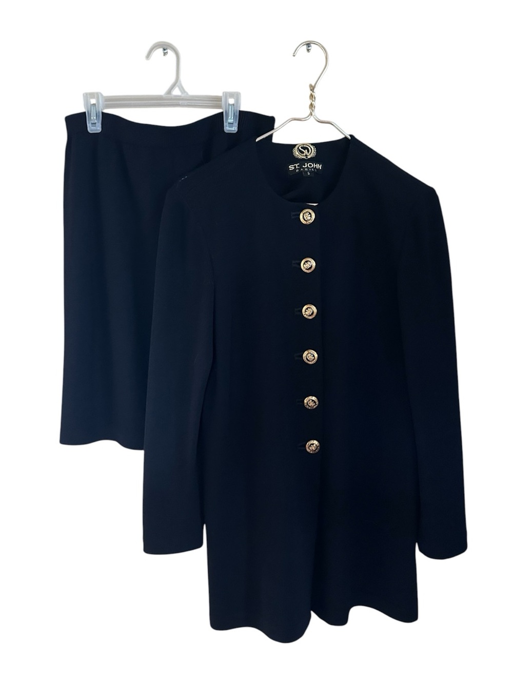 Vintage St. John Basics Black Santana Knit Set Long Jacket Size S / Skirt Size 8